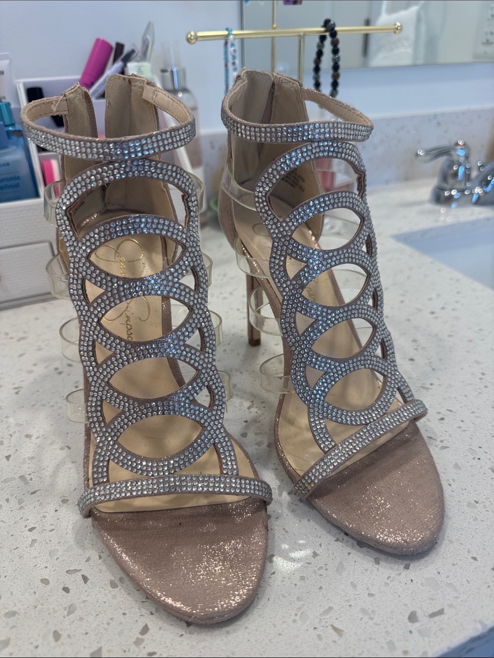 Jessica Simpson Rose Gold Crystal Cage Heels